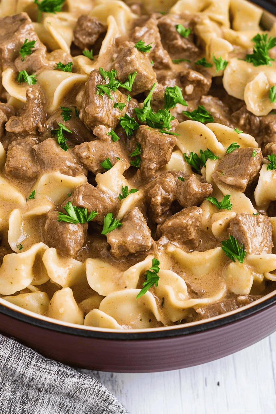 Beef Stroganoff ingredients organized and measured on kitchen counter