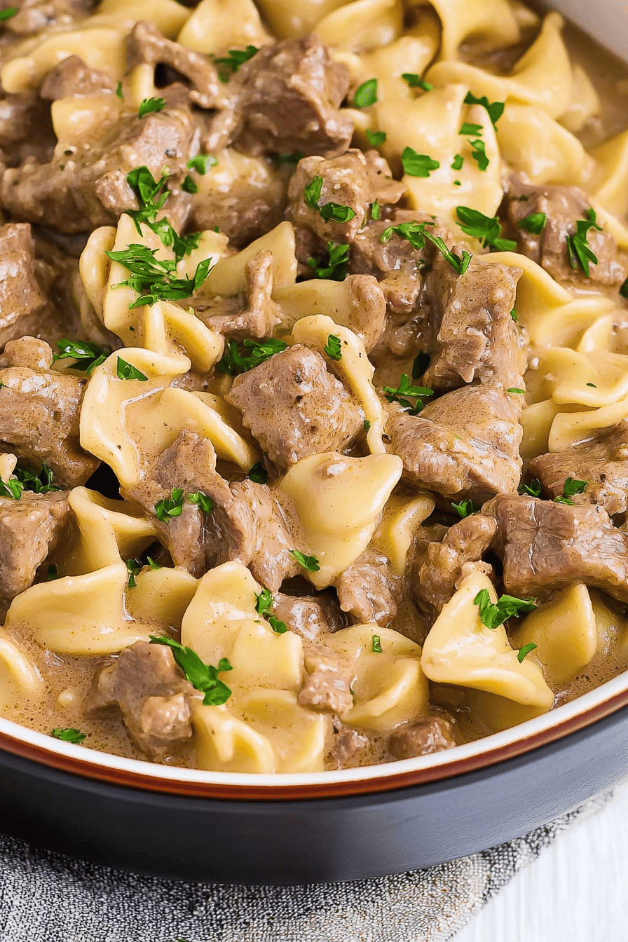 Beef Stroganoff slice on plate showing perfect texture and swirl pattern