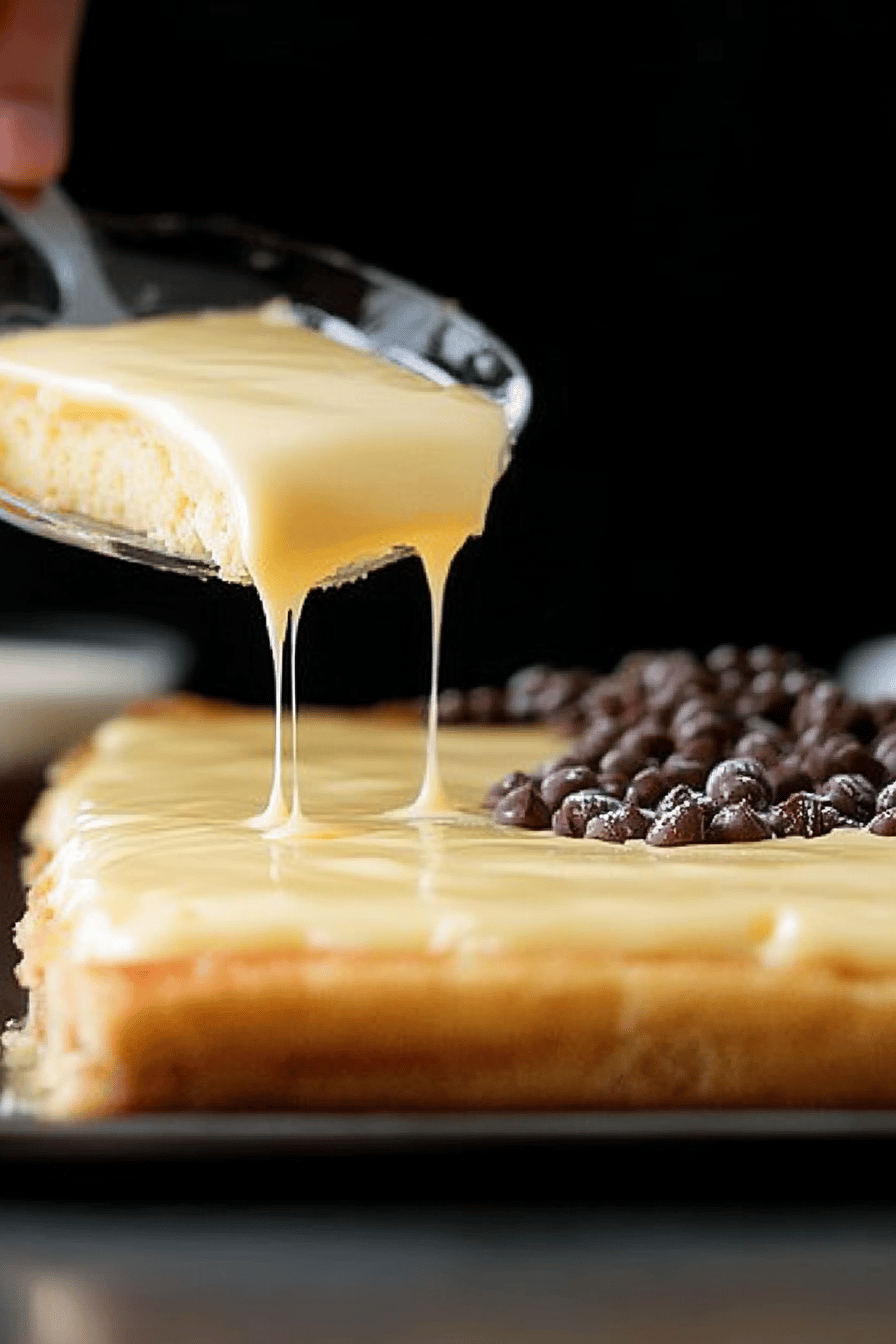 Boston cream poke cake slice on plate showing perfect texture and swirl pattern