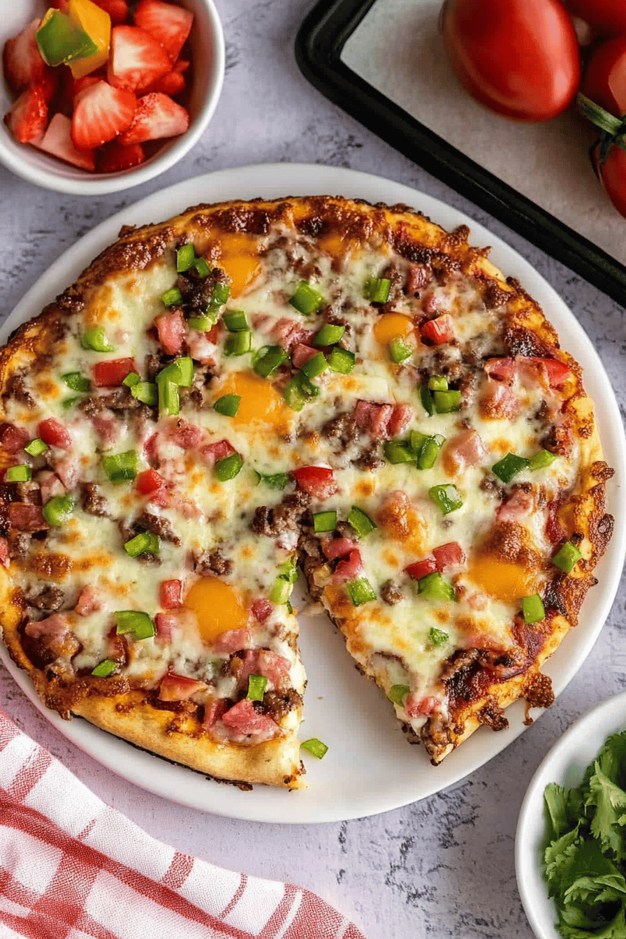 Breakfast Pizza Recipe ingredients organized and measured on kitchen counter