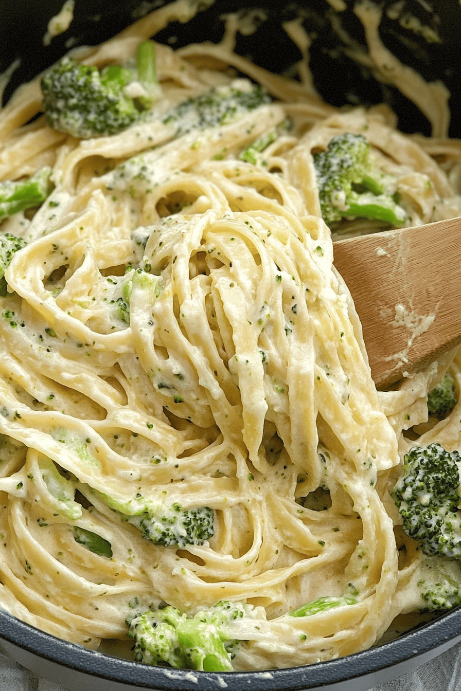 Broccoli Fettuccine Alfredo ingredients organized and measured on kitchen counter