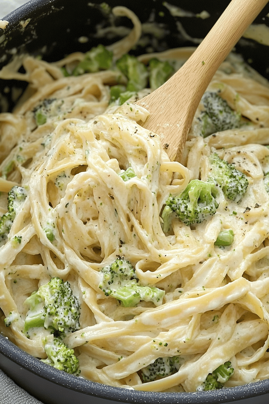 Broccoli Fettuccine Alfredo slice on plate showing perfect texture and swirl pattern