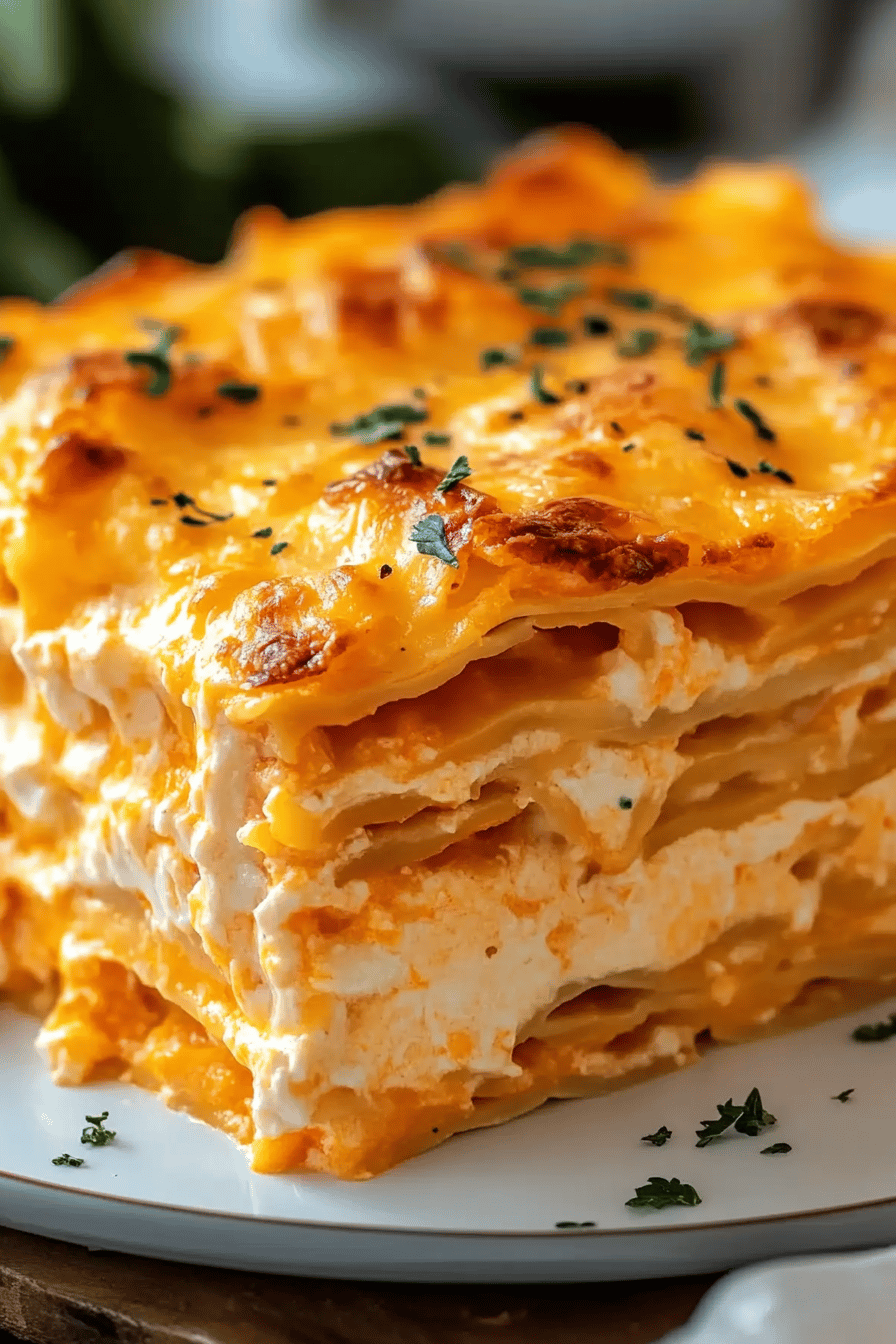 Buffalo Chicken Lasagna slice on plate showing perfect texture and swirl pattern