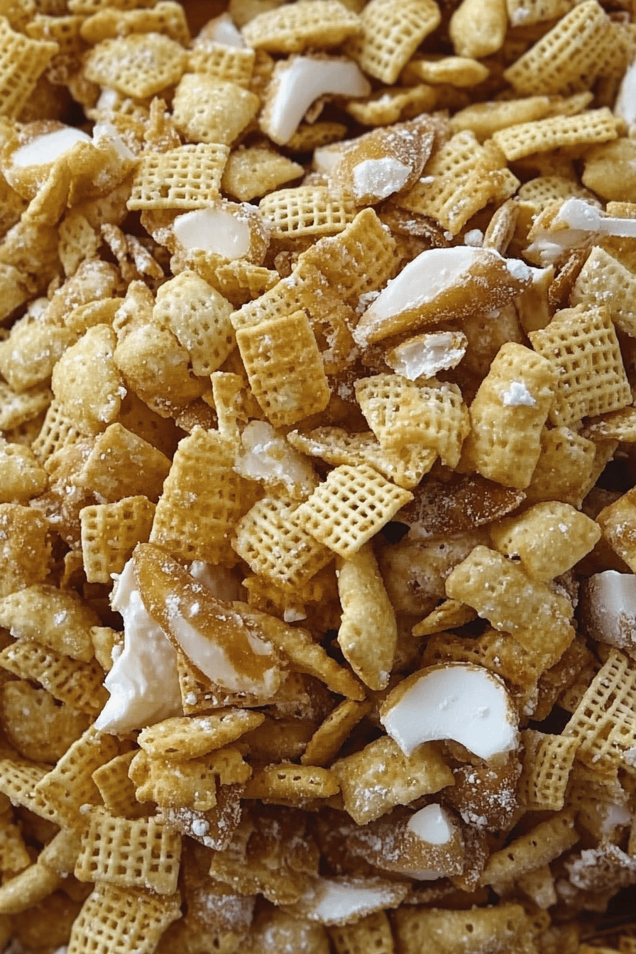 Christmas Chex Mix ingredients organized and measured on kitchen counter