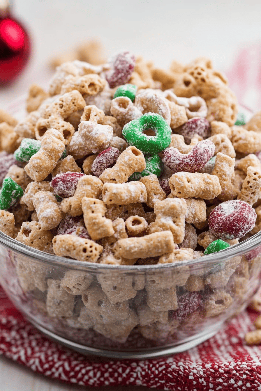 Christmas Chex Mix Recipe ingredients organized and measured on kitchen counter