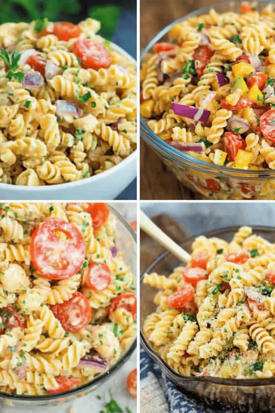 Cold Pasta Salad Recipes ingredients organized and measured on kitchen counter
