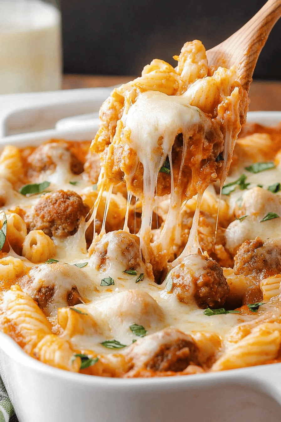Dump and Bake Meatball Casserole slice on plate showing perfect texture and swirl pattern