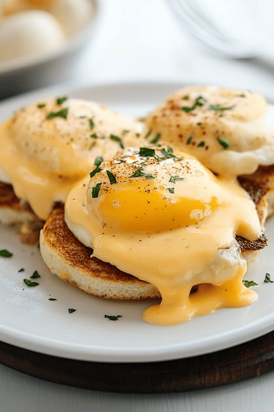 Eggs Benedict slice on plate showing perfect texture and swirl pattern