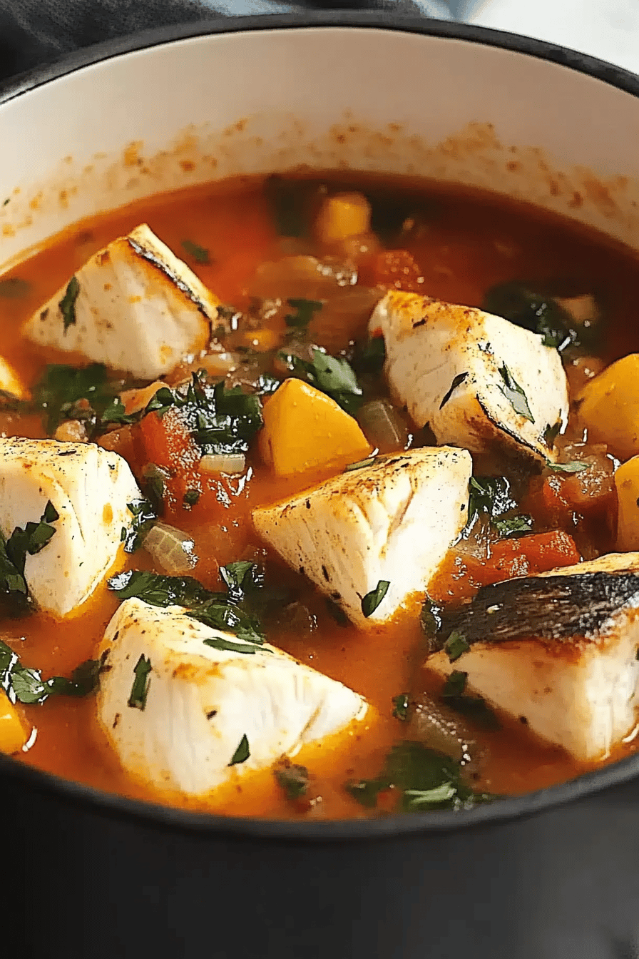 Fish Stew Recipe ingredients organized and measured on kitchen counter