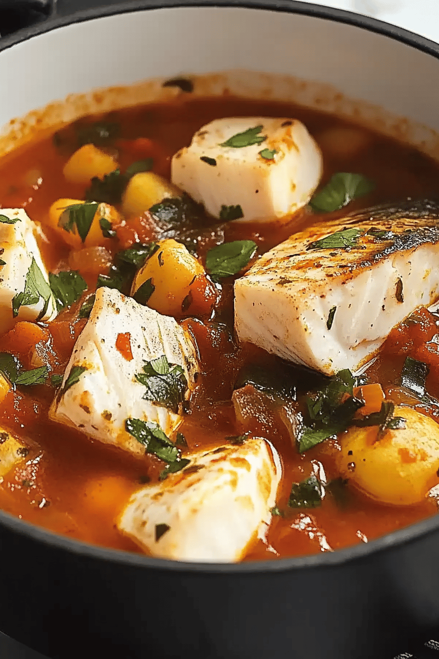 Fish Stew Recipe slice on plate showing perfect texture and swirl pattern