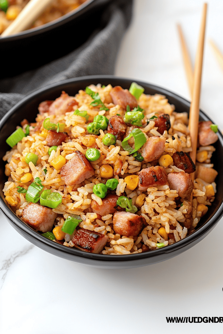 Ham Fried Rice Recipe ingredients organized and measured on kitchen counter