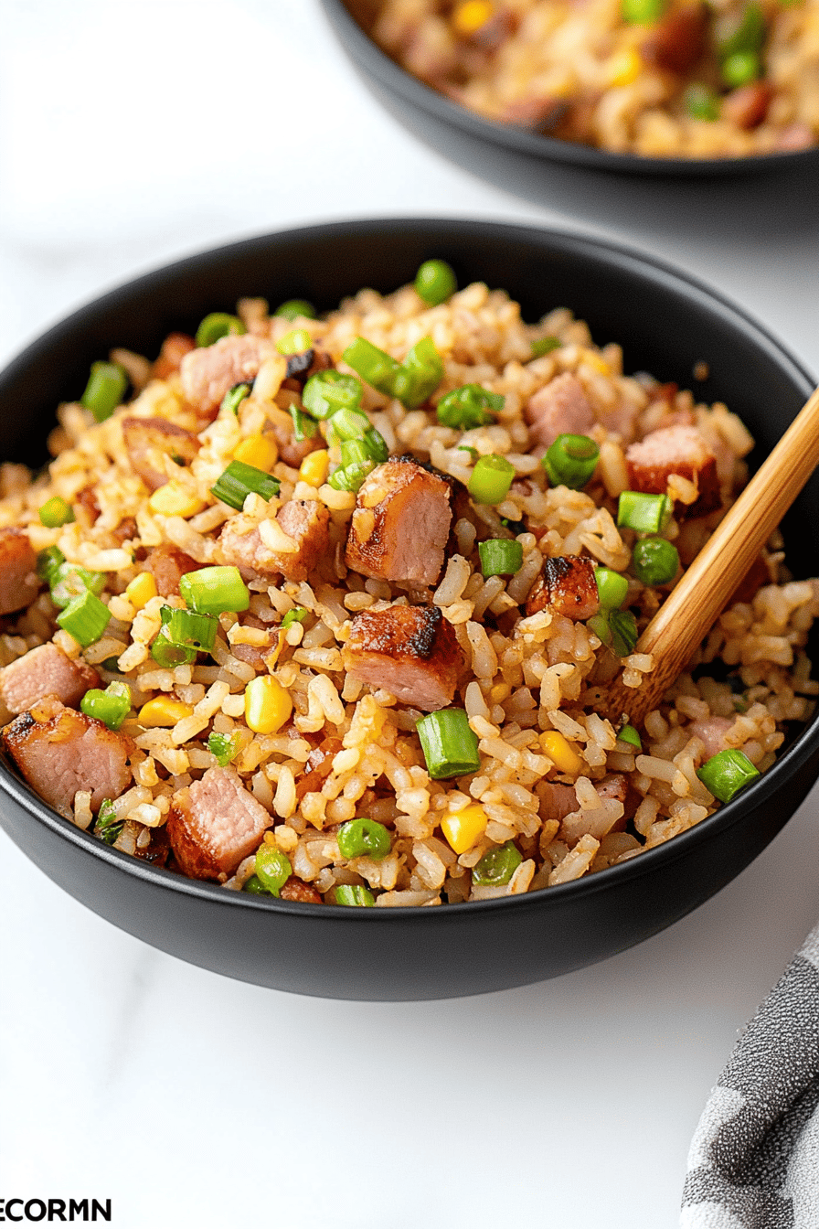 Ham Fried Rice Recipe slice on plate showing perfect texture and swirl pattern