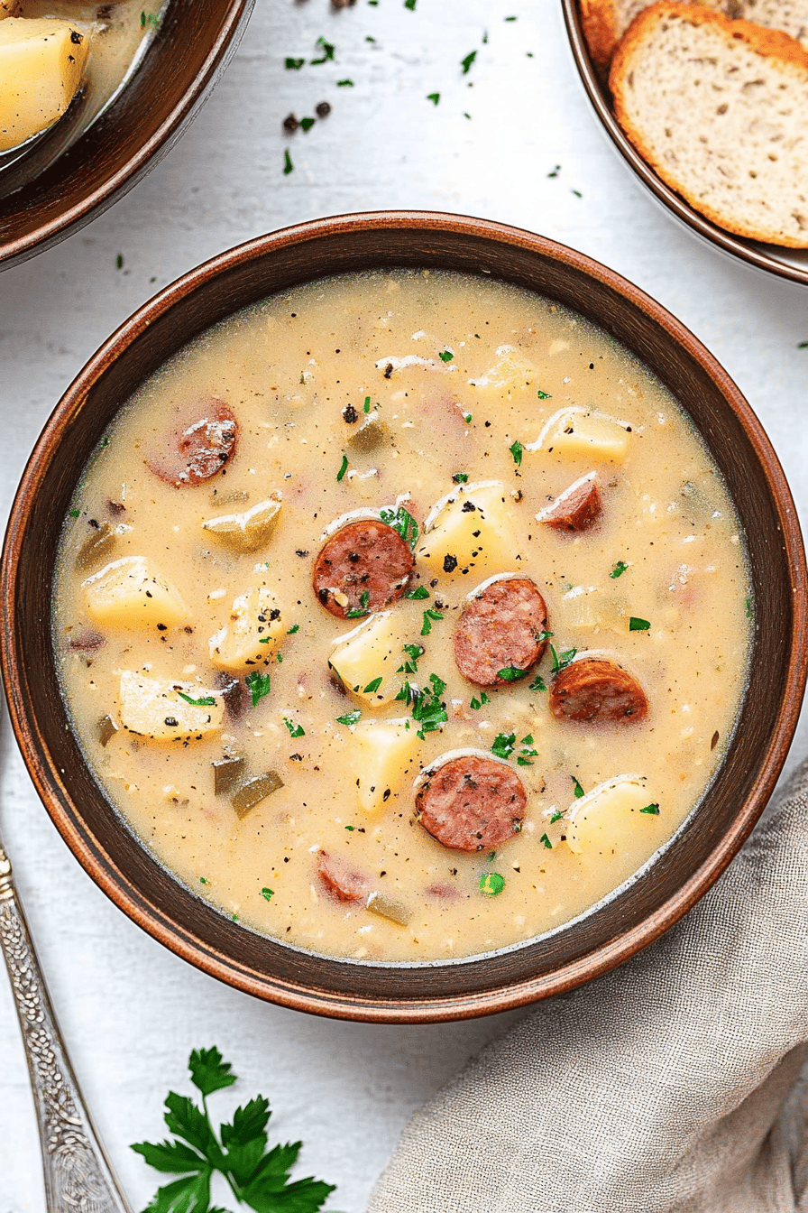 Kielbasa Potato Soup slice on plate showing perfect texture and swirl pattern