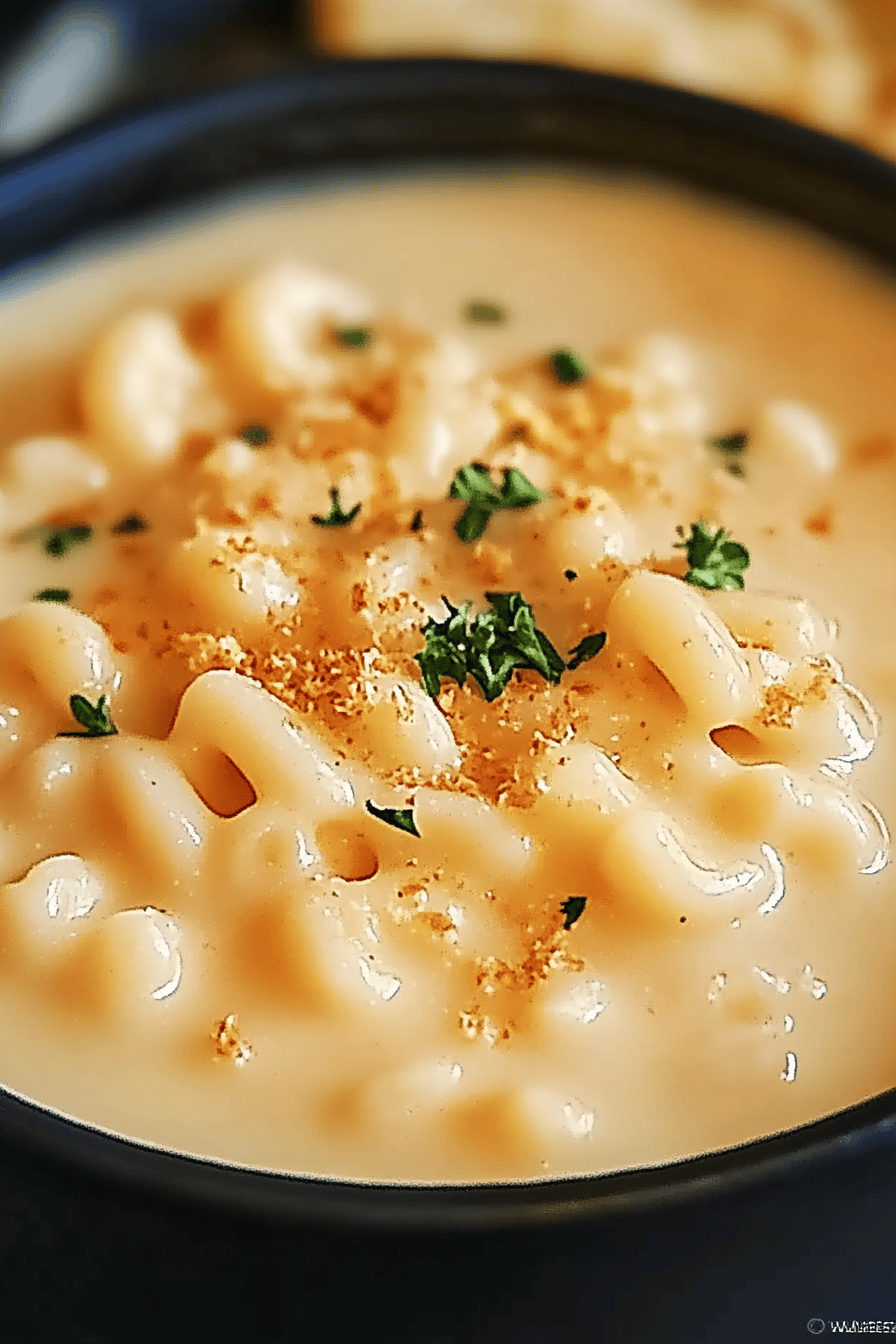 Mac and Cheese Soup slice on plate showing perfect texture and swirl pattern