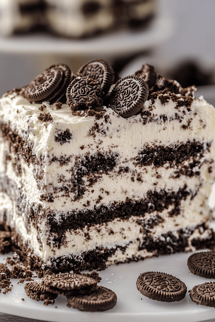 Oreo Icebox Cake slice on plate showing perfect texture and swirl pattern