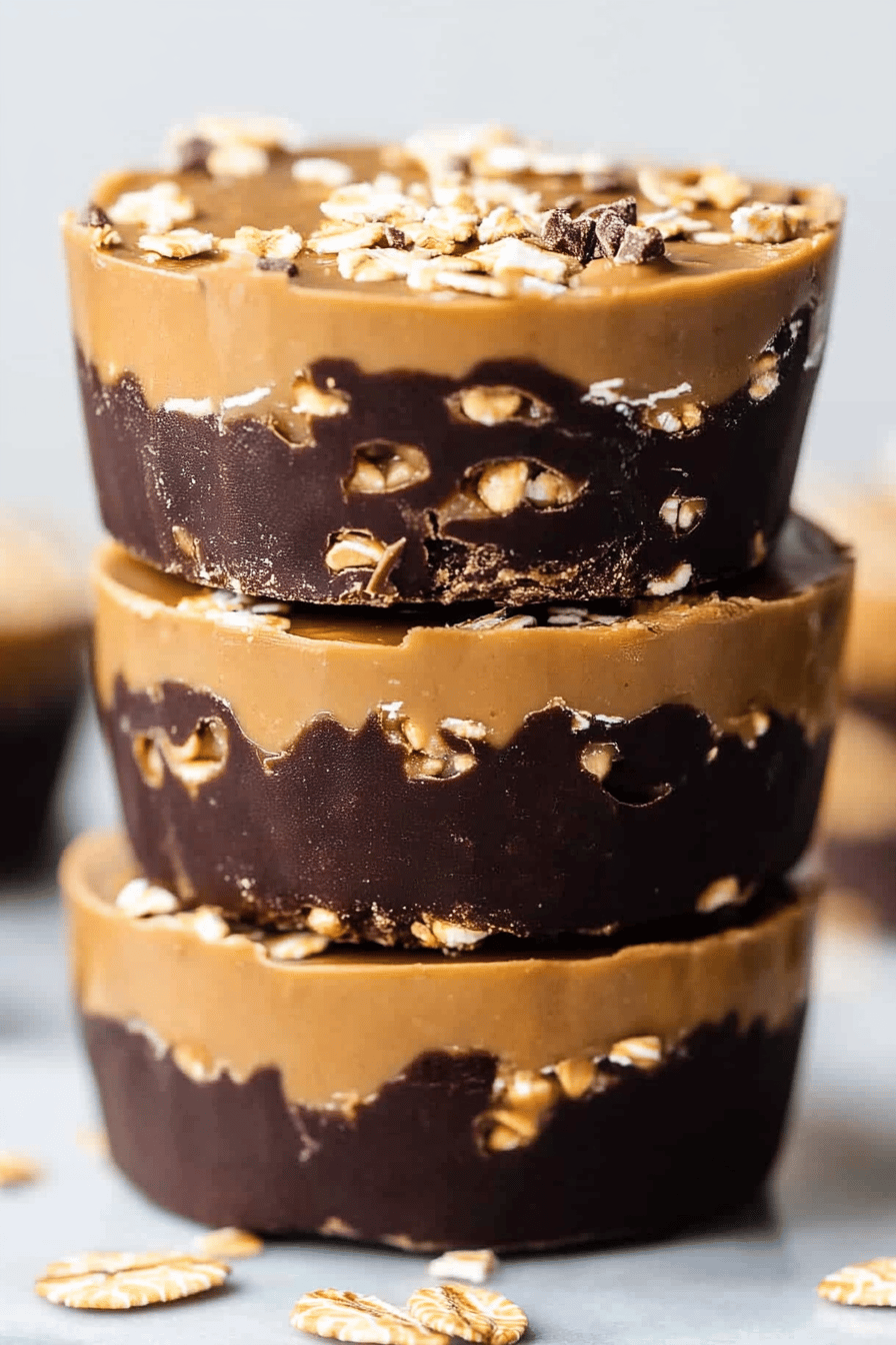 Peanut butter oat cups slice on plate showing perfect texture and swirl pattern
