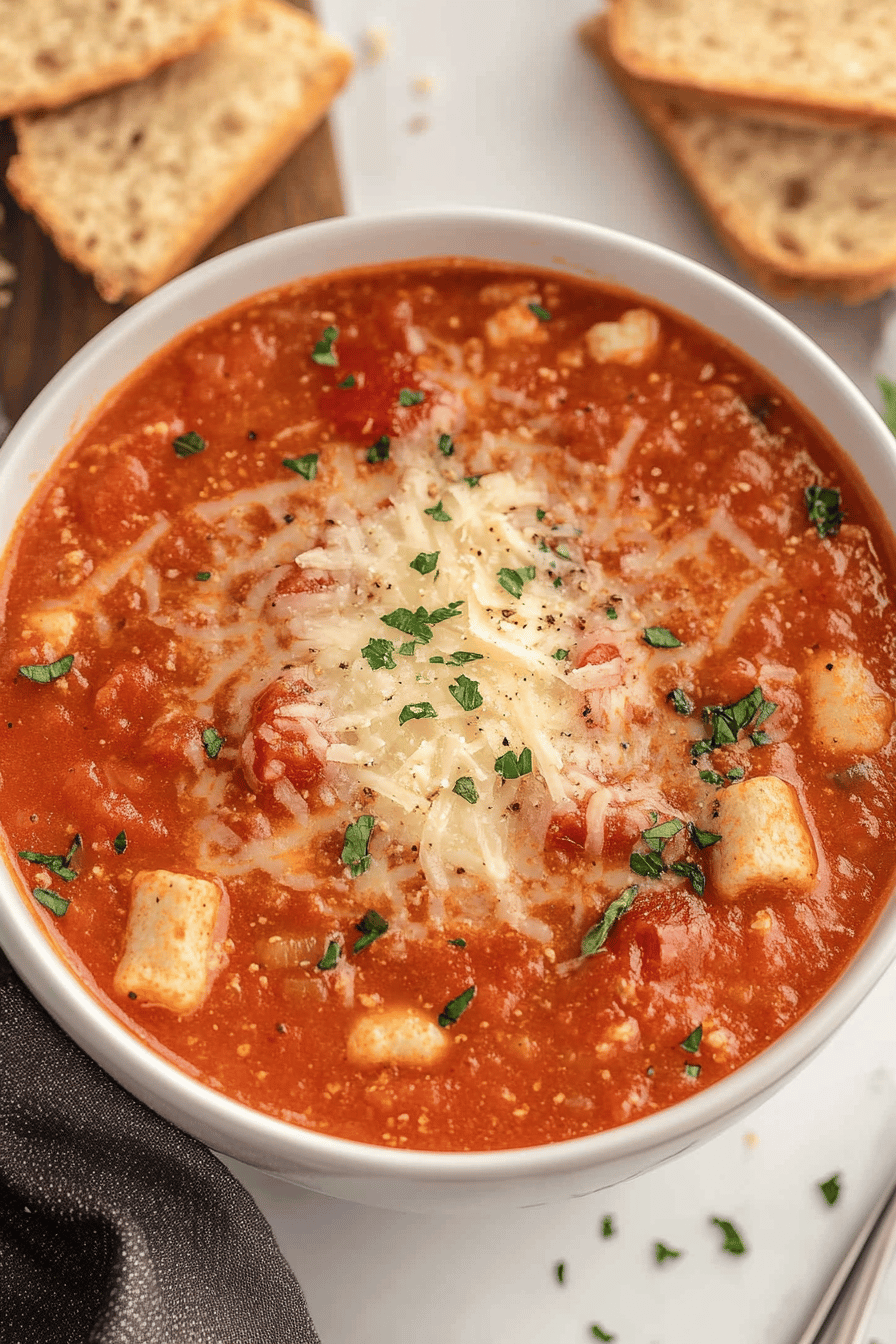 Pizza Soup Recipe slice on plate showing perfect texture and swirl pattern