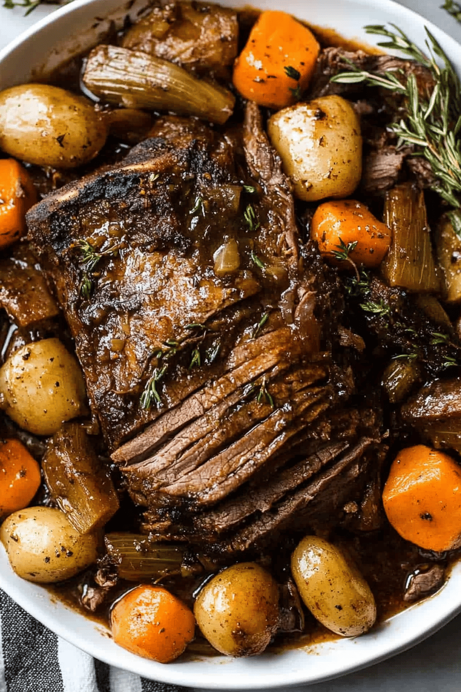 Pot roast recipe slice on plate showing perfect texture and swirl pattern