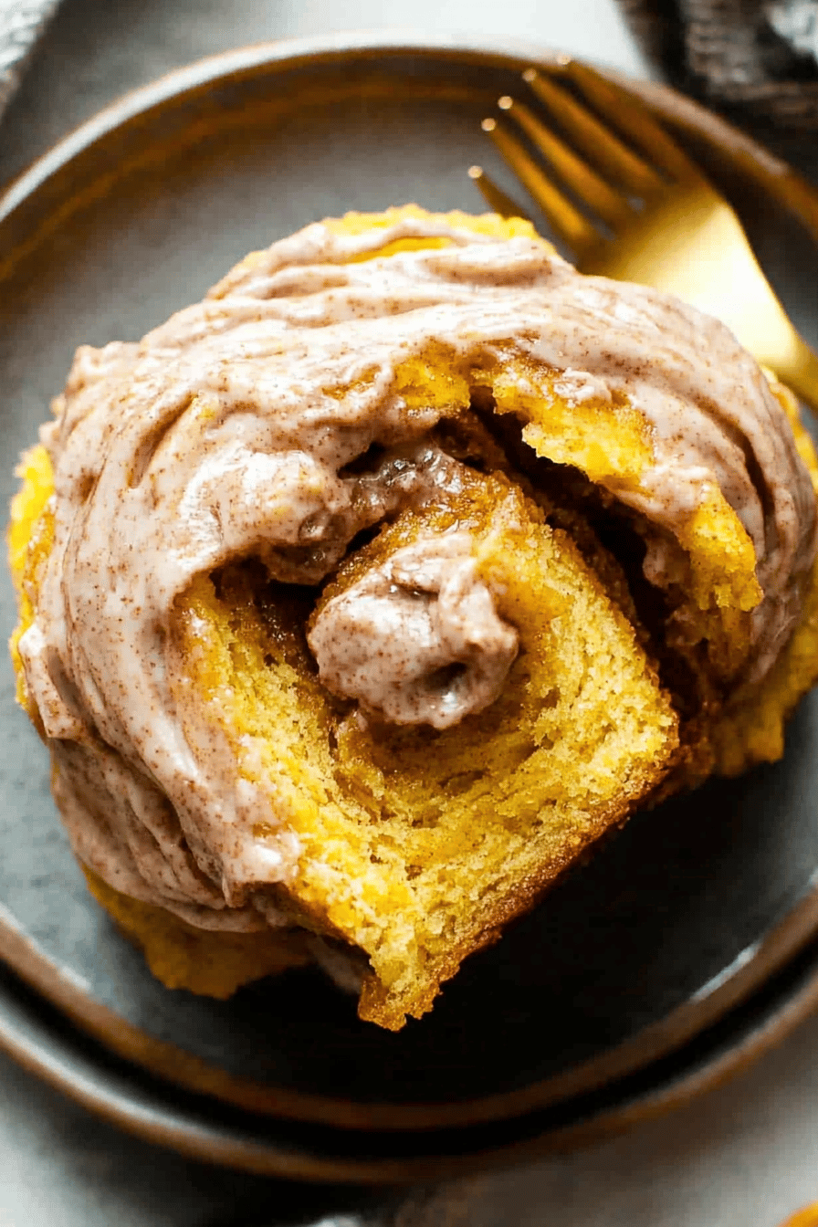 Pumpkin cinnamon rolls slice on plate showing perfect texture and swirl pattern