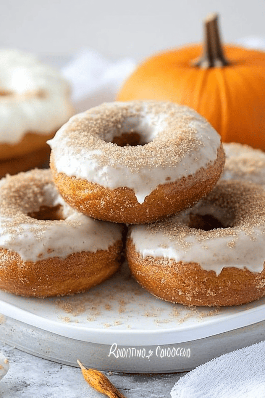 Pumpkin spice donuts slice on plate showing perfect texture and swirl pattern