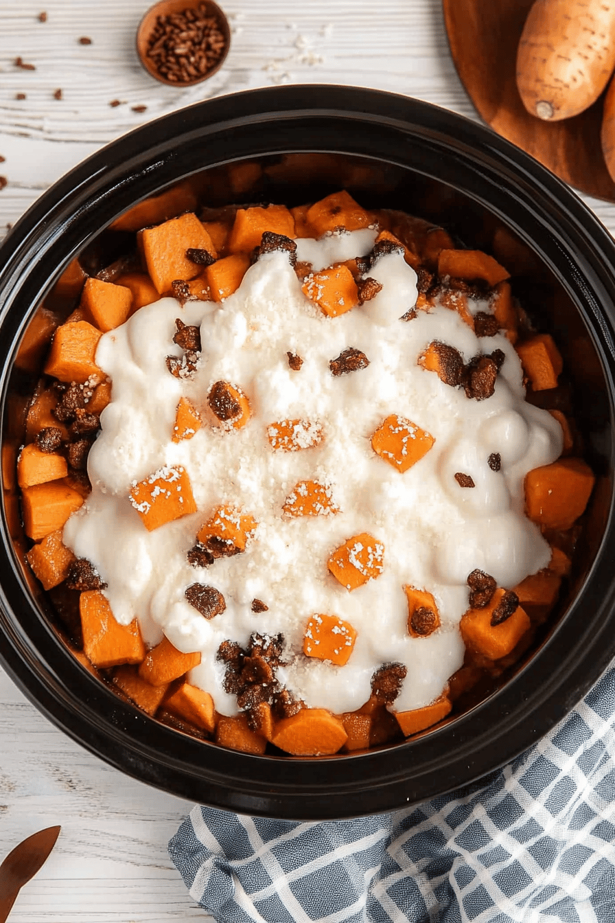 Slow Cooker Sweet Potato Casserole ingredients organized and measured on kitchen counter