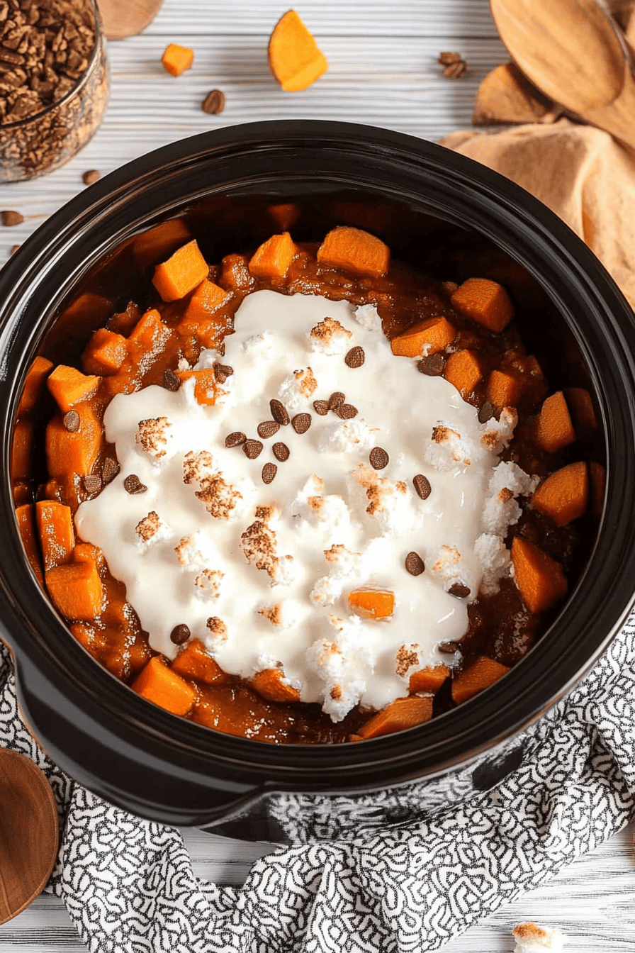Slow Cooker Sweet Potato Casserole slice on plate showing perfect texture and swirl pattern