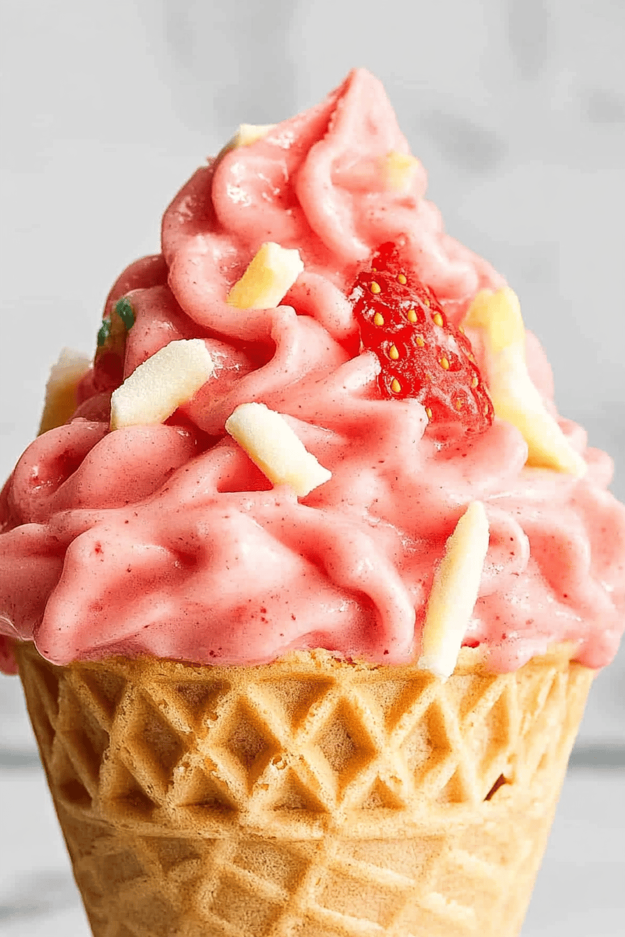 Strawberry Dole Whip slice on plate showing perfect texture and swirl pattern