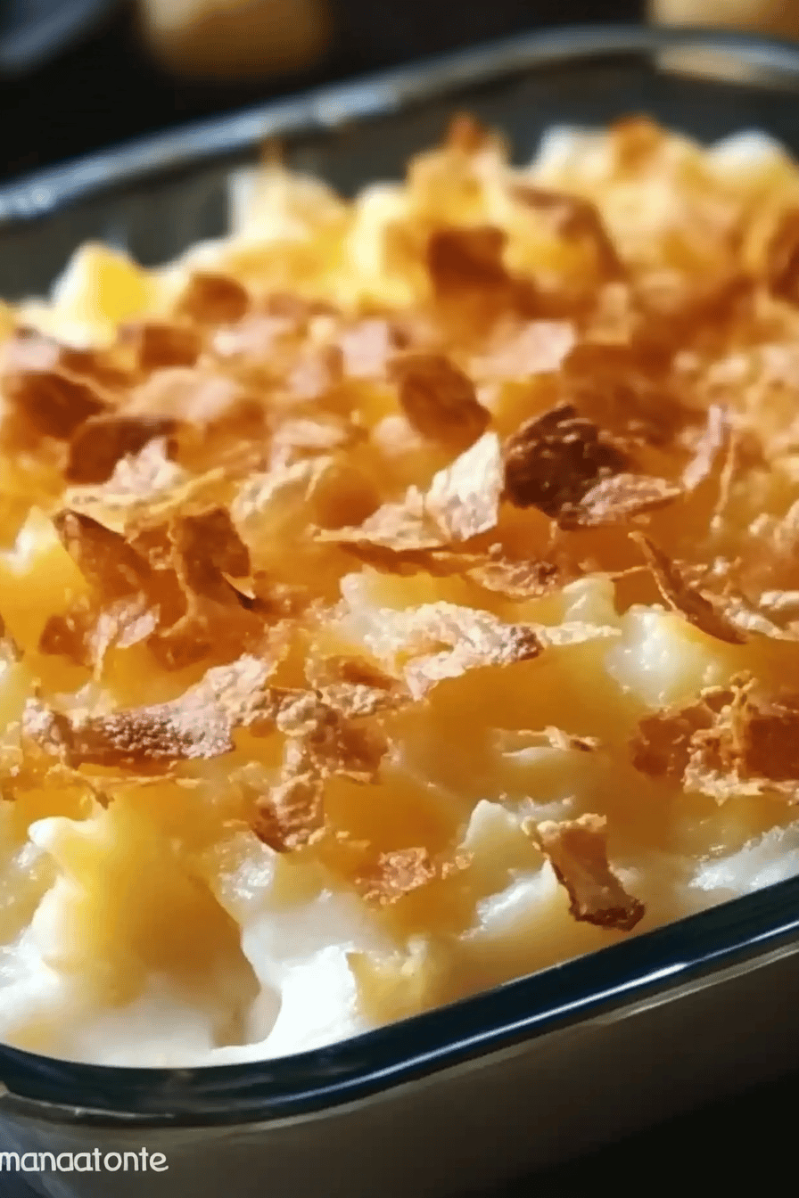 funeral potatoes recipe slice on plate showing perfect texture and swirl pattern