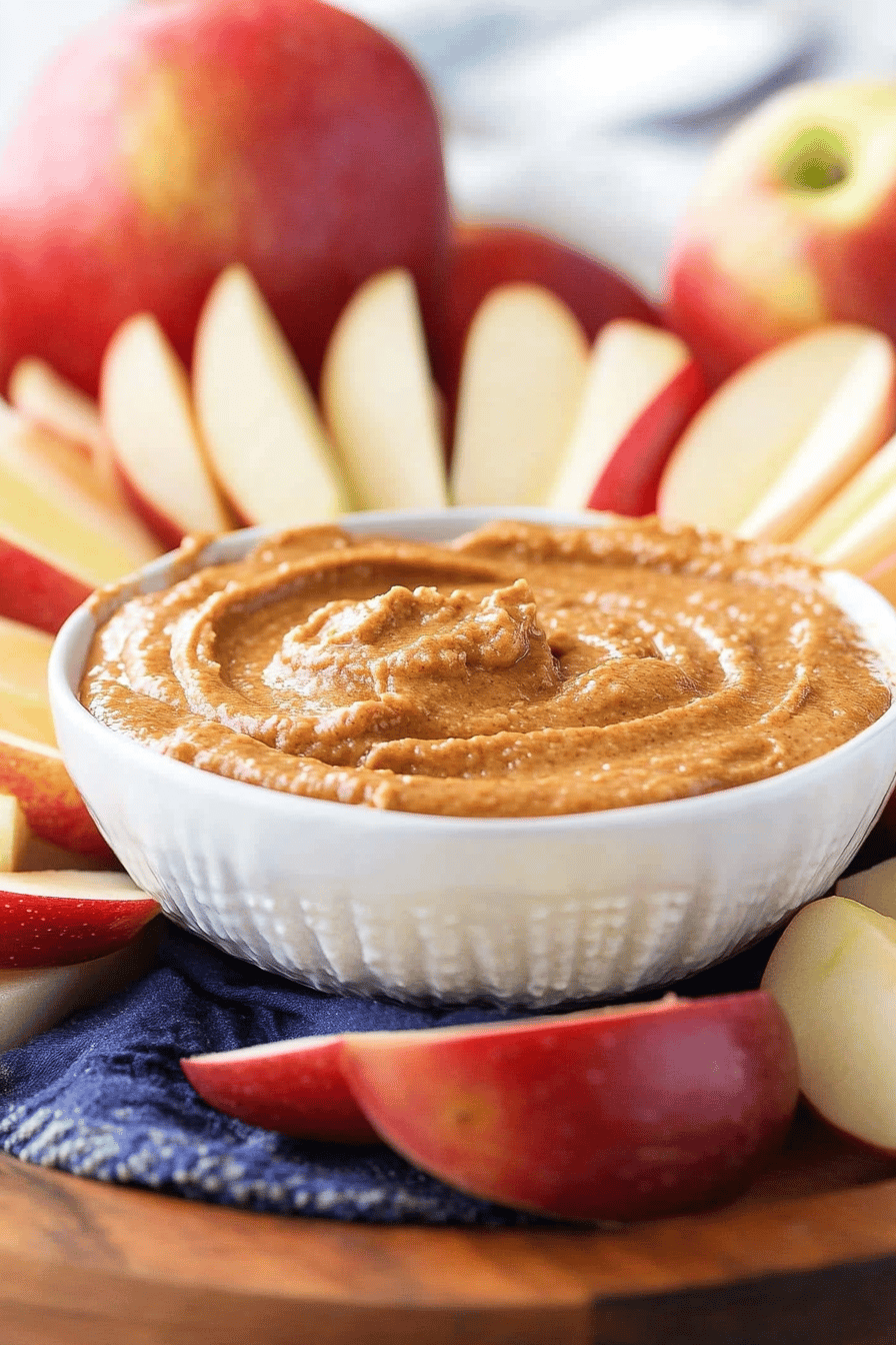 peanut butter apple dip slice on plate showing perfect texture and swirl pattern