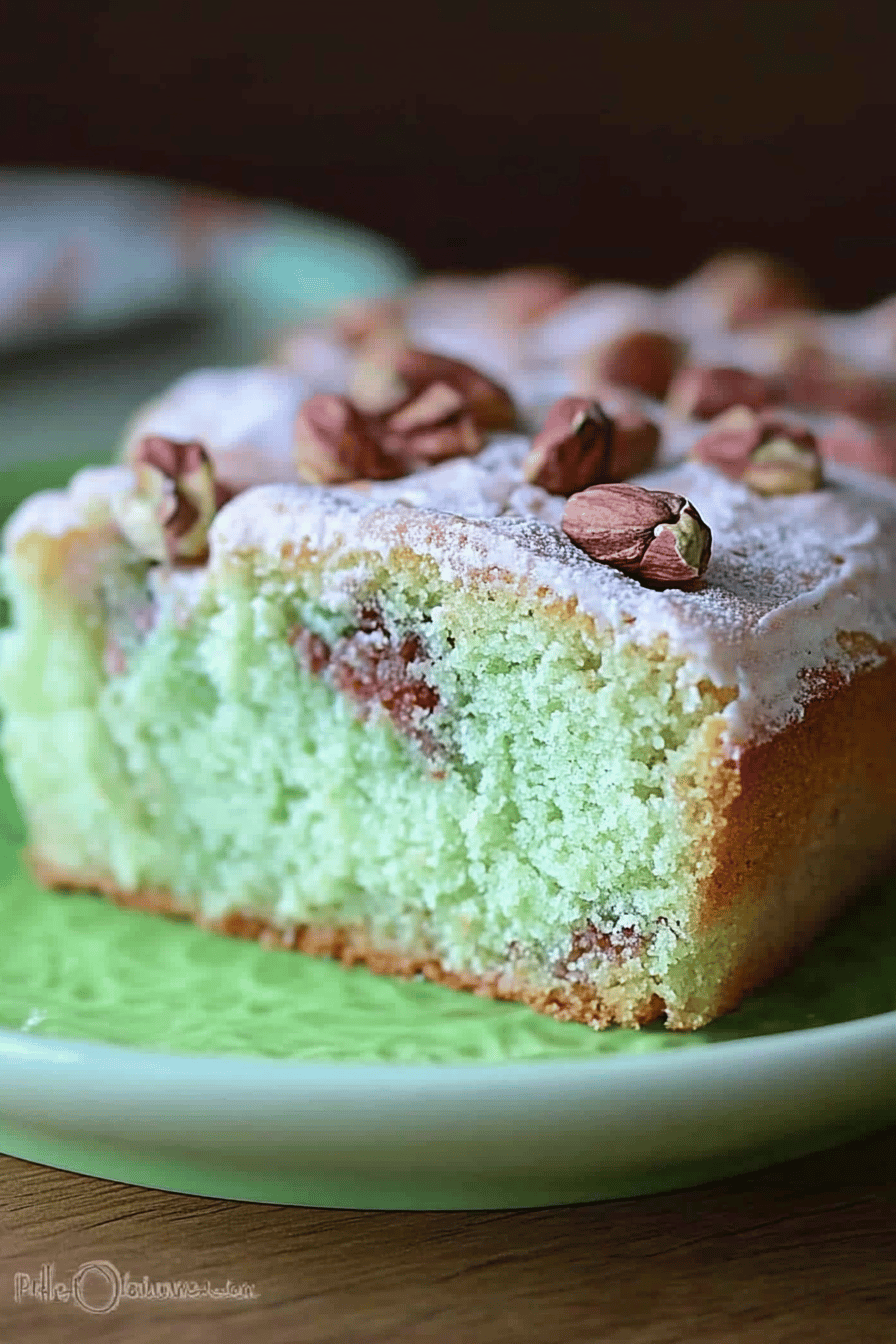 pistachio poke cake slice on plate showing perfect texture and swirl pattern
