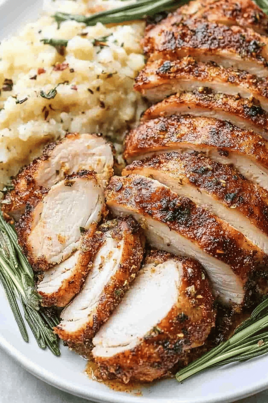 turkey tenderloin slice on plate showing perfect texture and swirl pattern