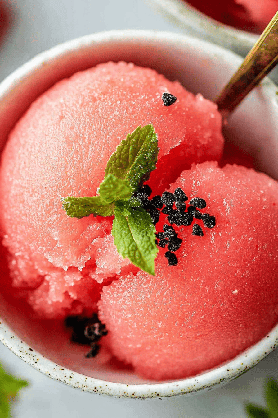 watermelon sorbet slice on plate showing perfect texture and swirl pattern