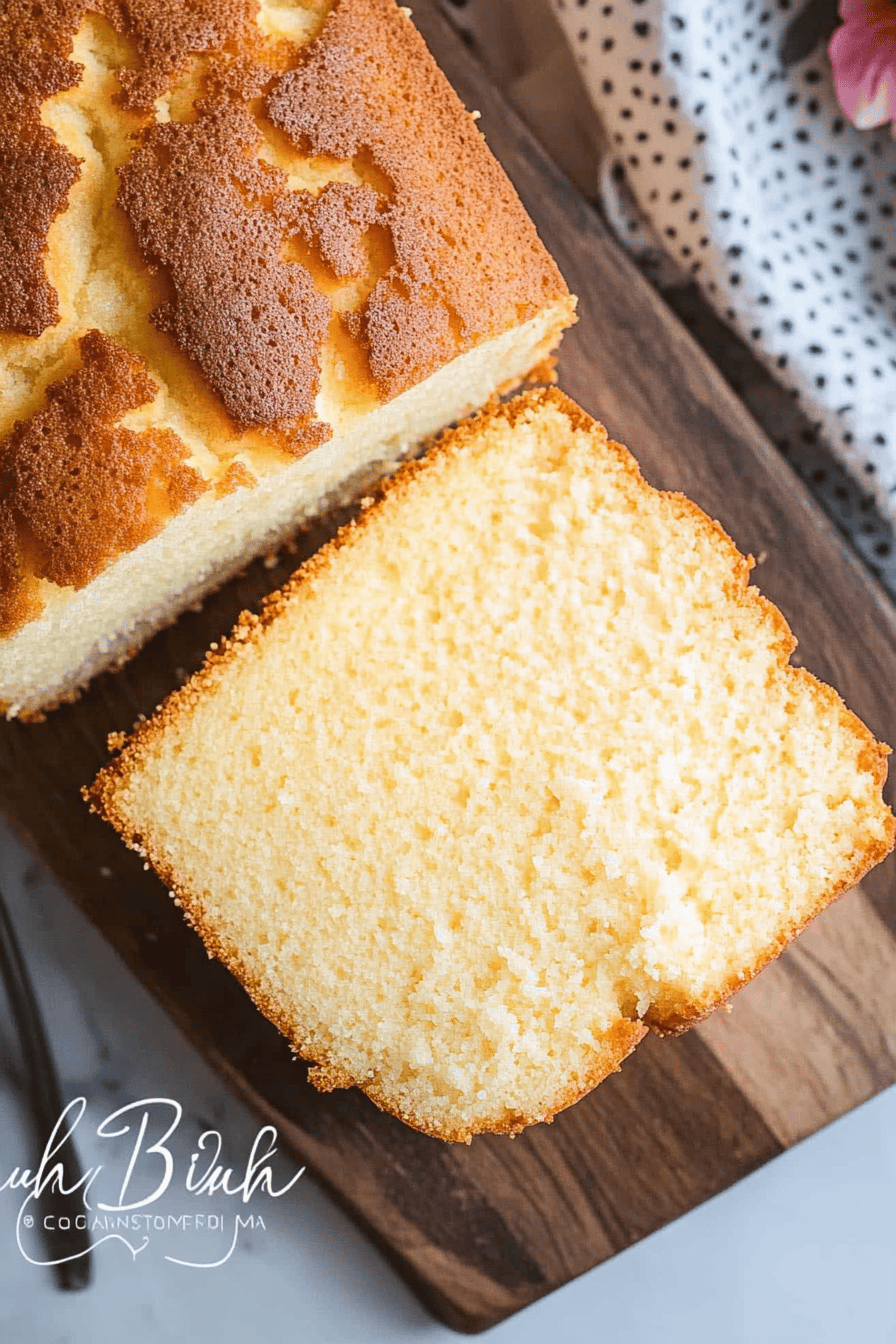 whipping cream pound cake slice on plate showing perfect texture and swirl pattern